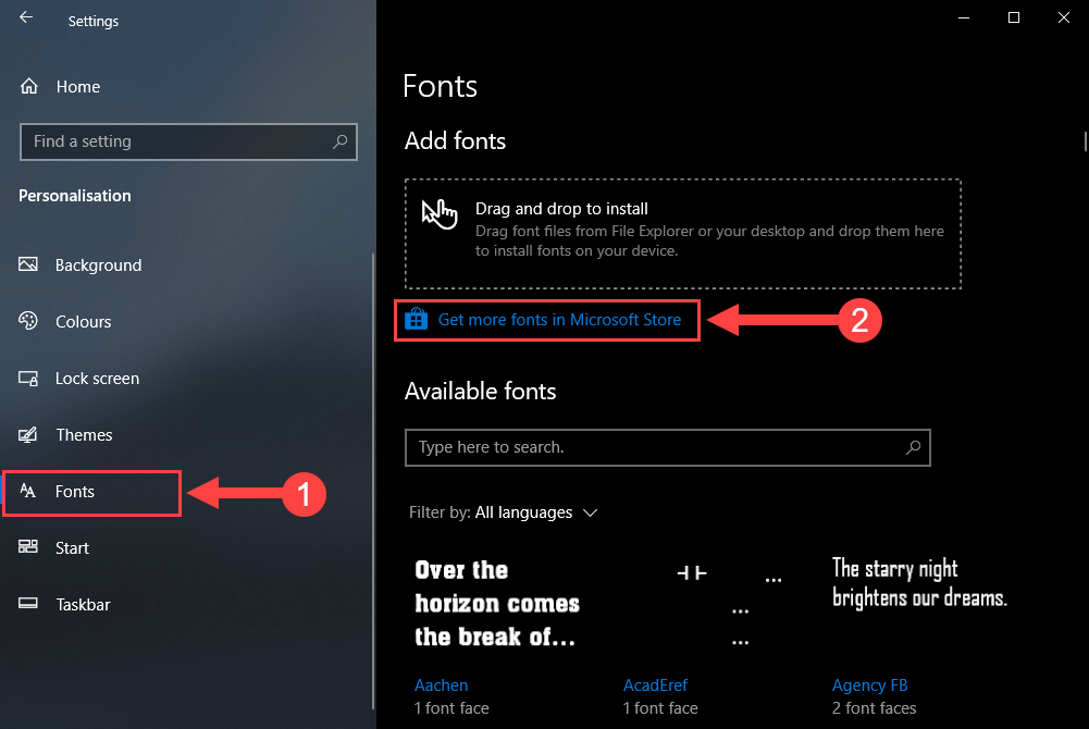 Chọn Get more fonts in Microsoft Store