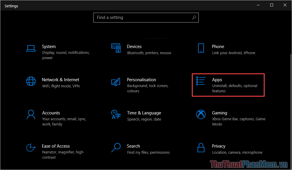 Chọn mục Apps để xem toàn bộ các ứng dụng trên Windows 10