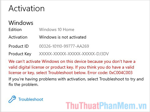 Lỗi Windows 10 0xC004C003 thường gặp khi kích hoạt giấy phép Windows