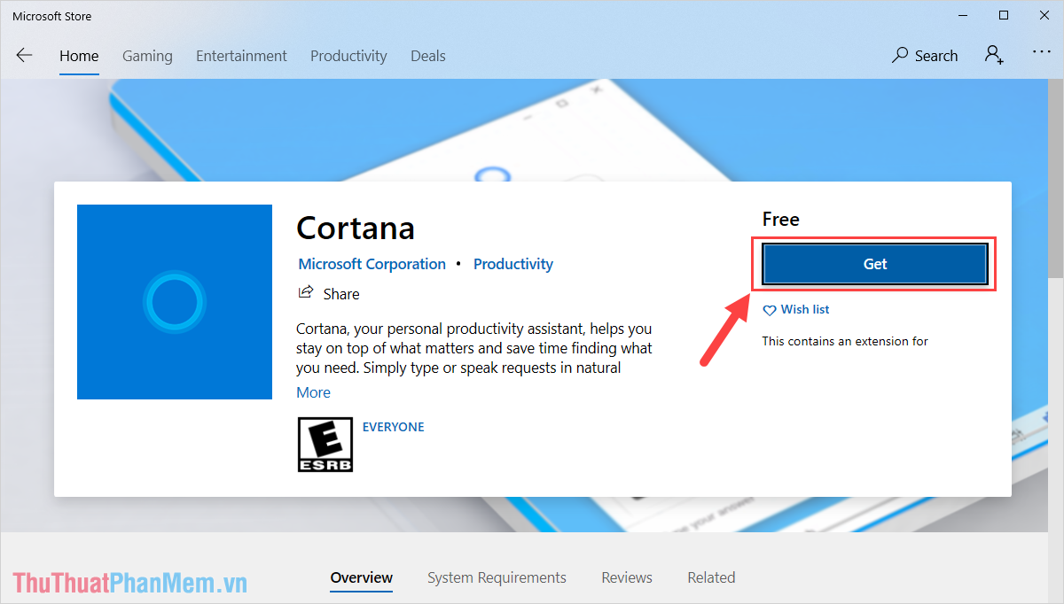 Chọn Get để tải và cài đặt phần mềm Cortana
