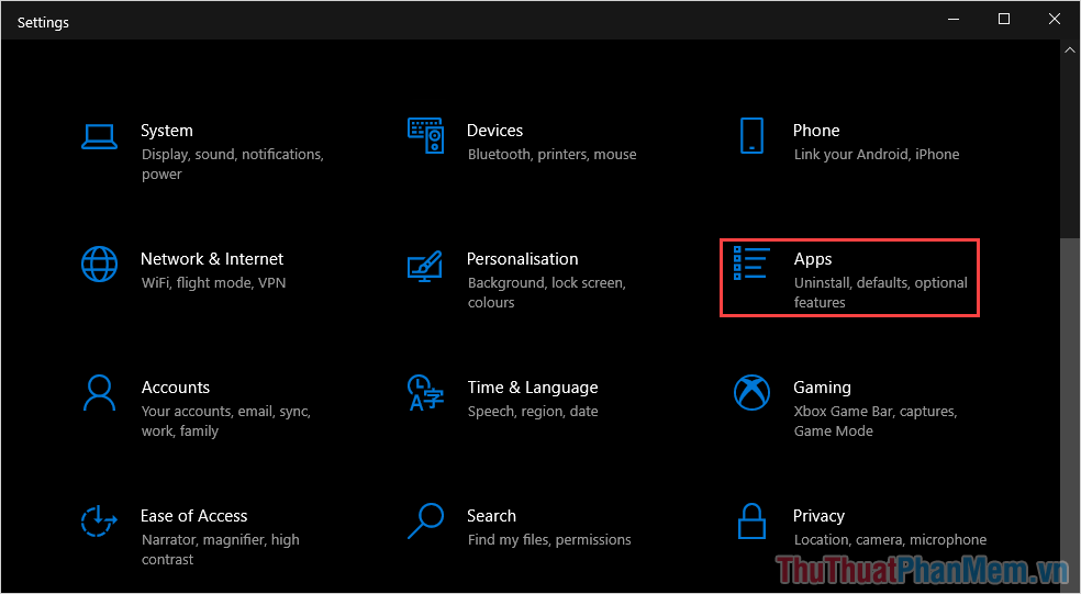 Chọn Ứng dụng để mở tất cả các ứng dụng Windows 10