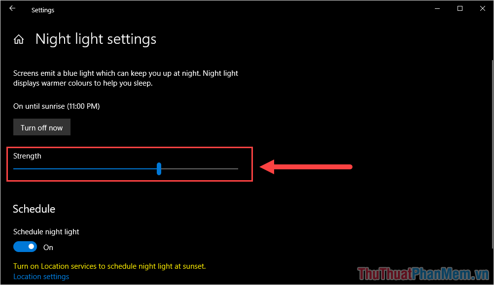 Bạn có thể điều chỉnh thanh cường độ để thay đổi lượng ánh sáng xanh được lọc trên màn hình