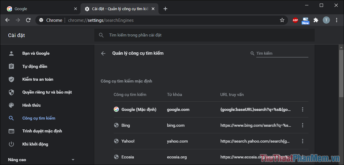 Hiển thị tất cả các công cụ tìm kiếm có sẵn trong trình duyệt Google Chrome