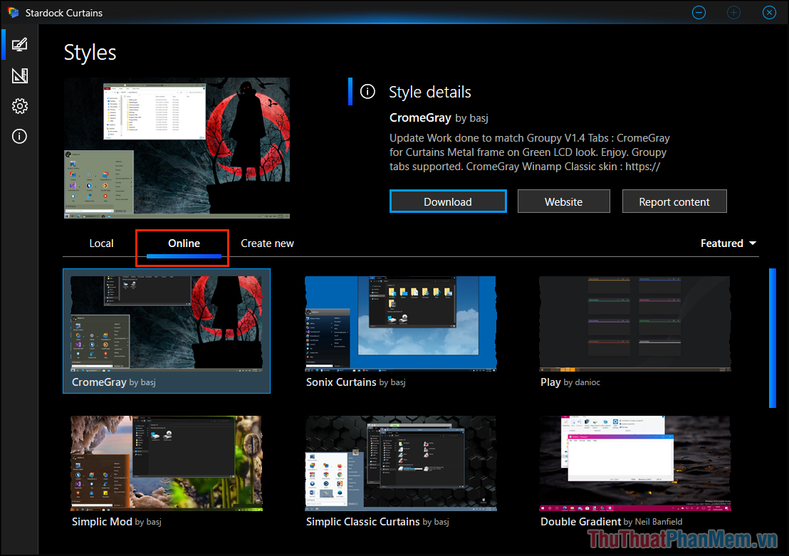 Chọn thẻ Online trên Stardock Curtains để xem thêm các bộ giao diện hoàn toàn mới của Windows 10