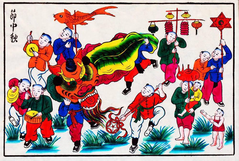Tranh Tết truyền thống dân gian Đông Hồ Múa lân ngày Tết