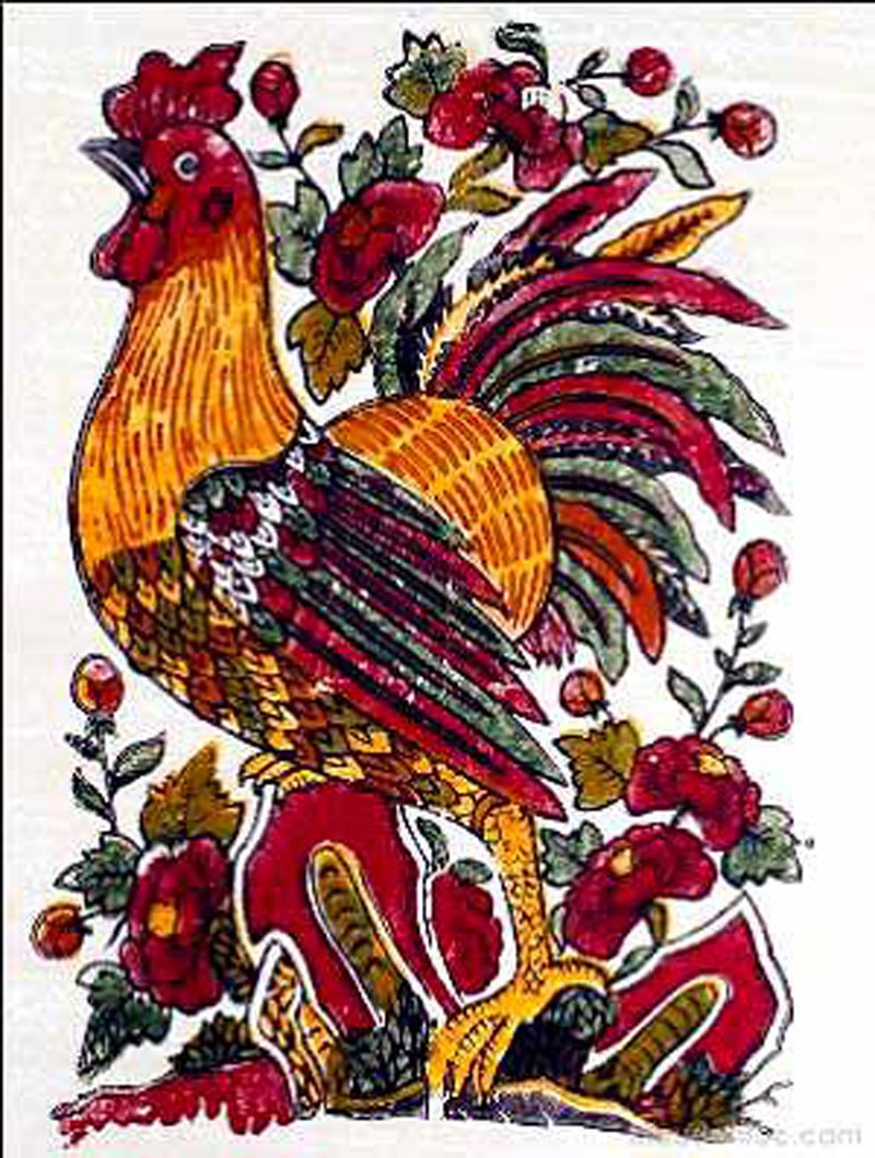 Tranh Tết truyền thống Con gà trống hoa hồng 