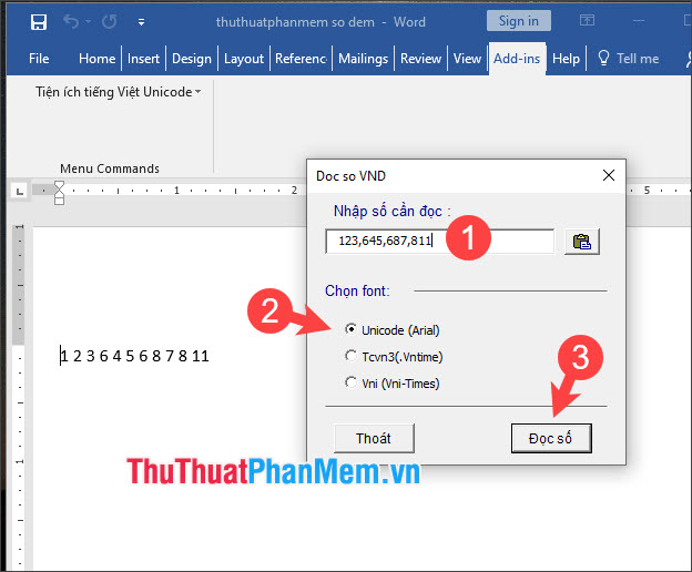 Chọn font Unicode và nhấn vào Đọc số
