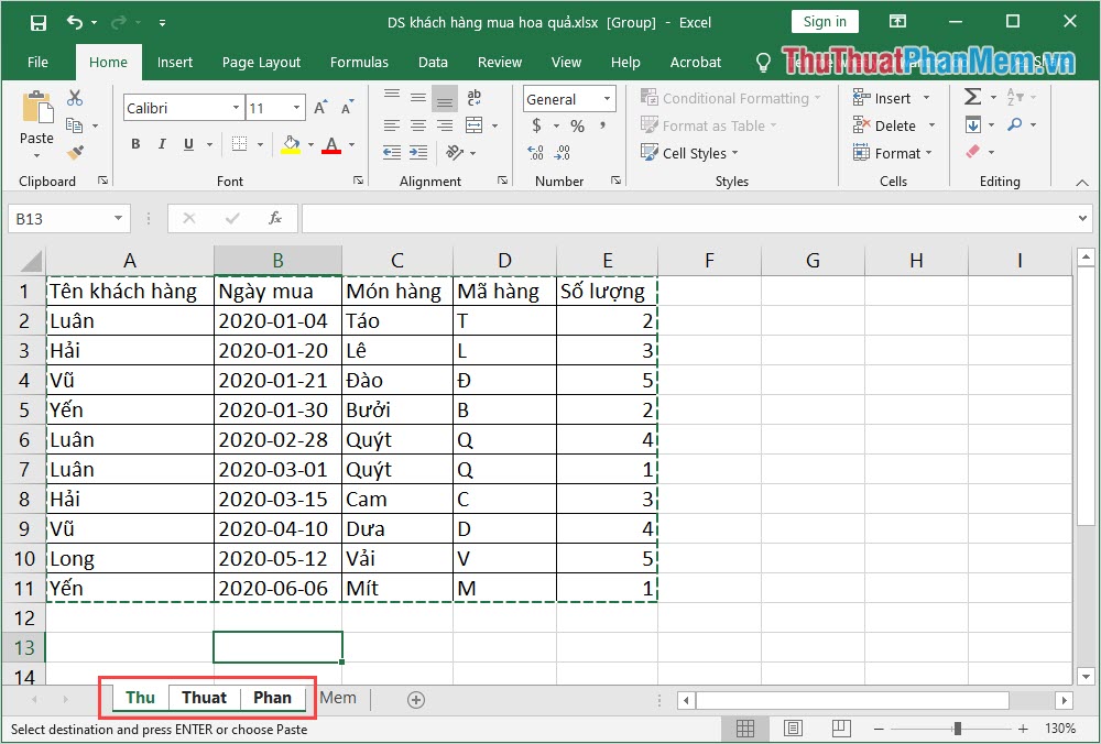 Click chuột vào các Sheet cần in trong Excel để chọn nhiều Sheet cùng một lúc