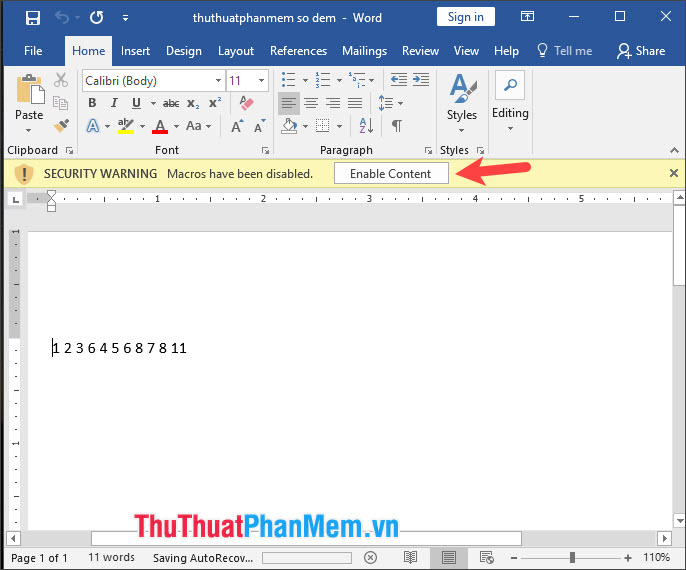 Click vào Enable Content