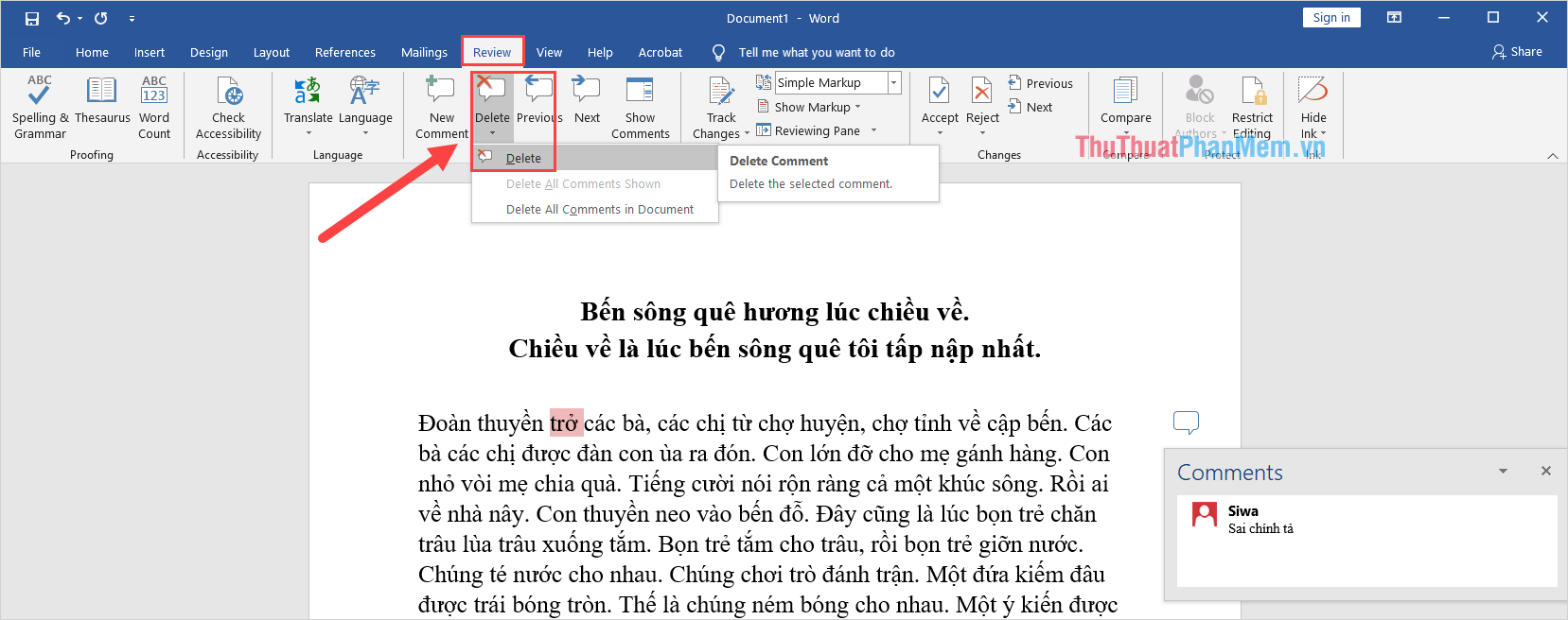 Chọn Delete để tiến hành xóa Comment trên Word