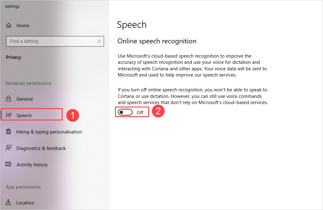 Chọn mục Speech và kích hoạt tính năng Online Speech