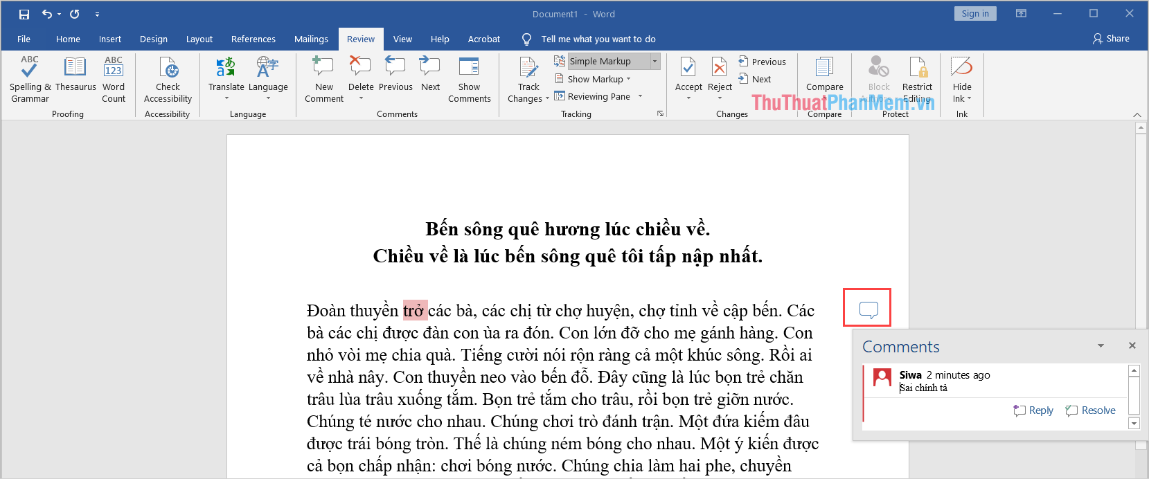 Nhấn vào Comment cần xóa trên máy tính