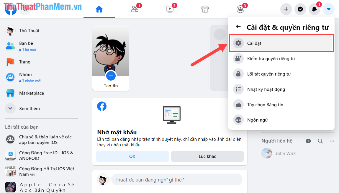 Chọn mục Cài đặt để mở thiết lập quản lý trên Facebook