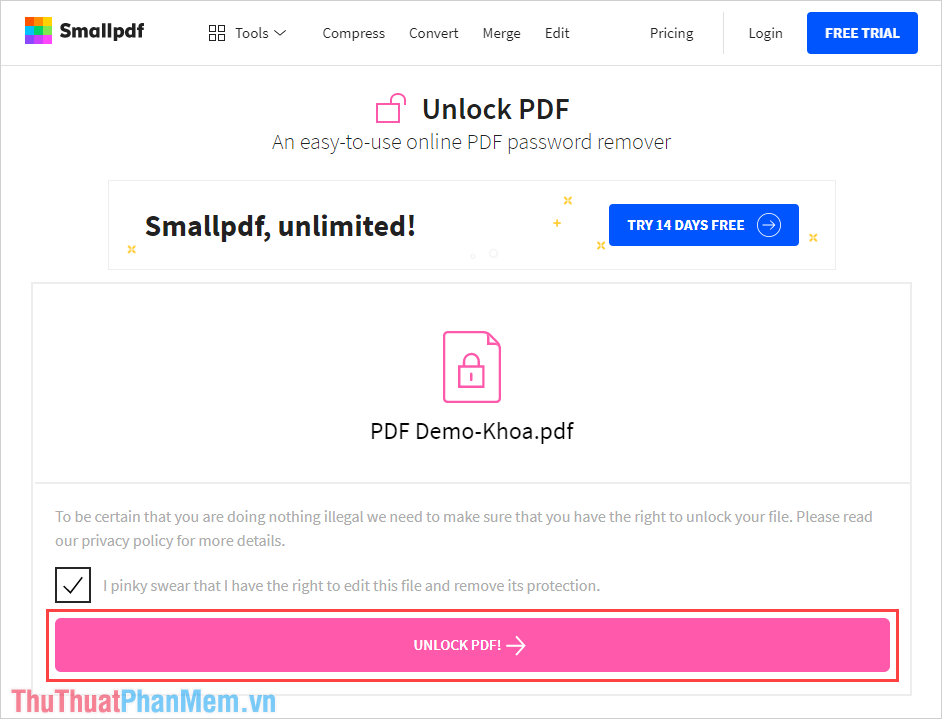 Chọn Unlock PDF để tiến hành mở khoá