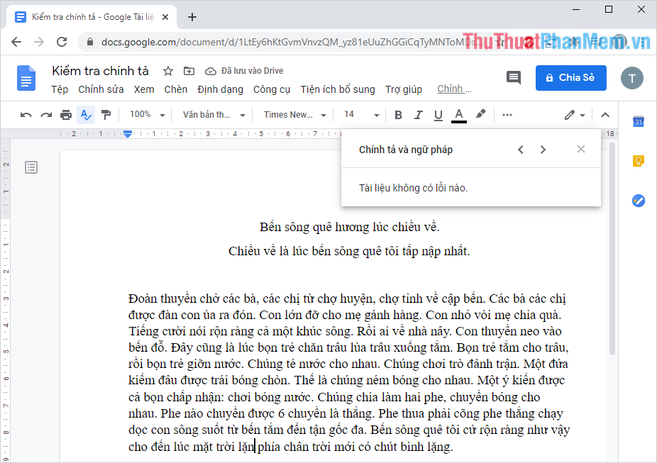 Google Documents sẽ thông báo cho bạn sau khi kiểm tra và sửa lỗi chính tả tiếng Việt của bạn
