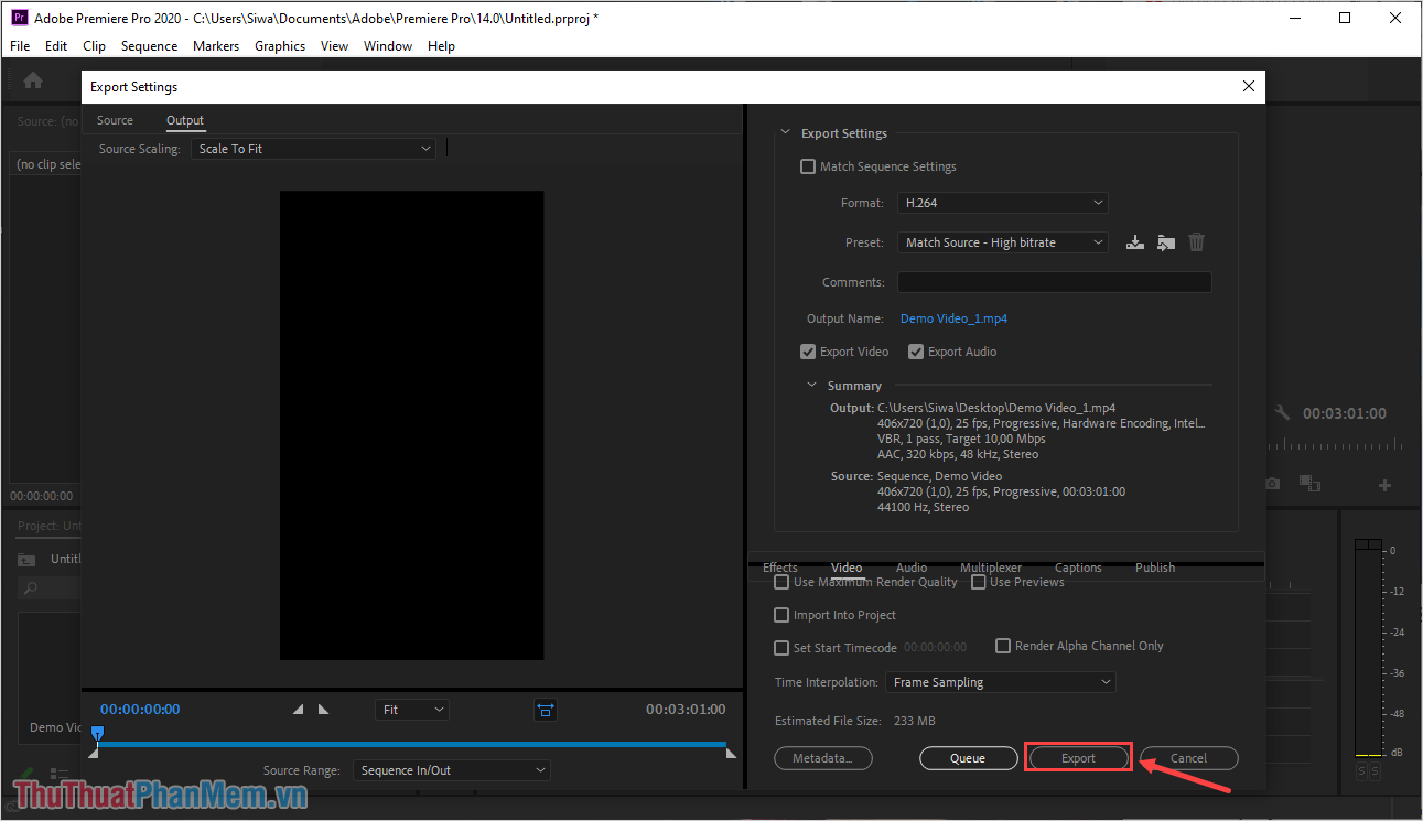 Tại cửa sổ Export Settings, các bạn nhấn Export để xuất Video