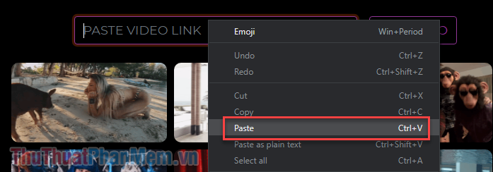 Click chuột phải vào ô Paste video link và chọn Paste