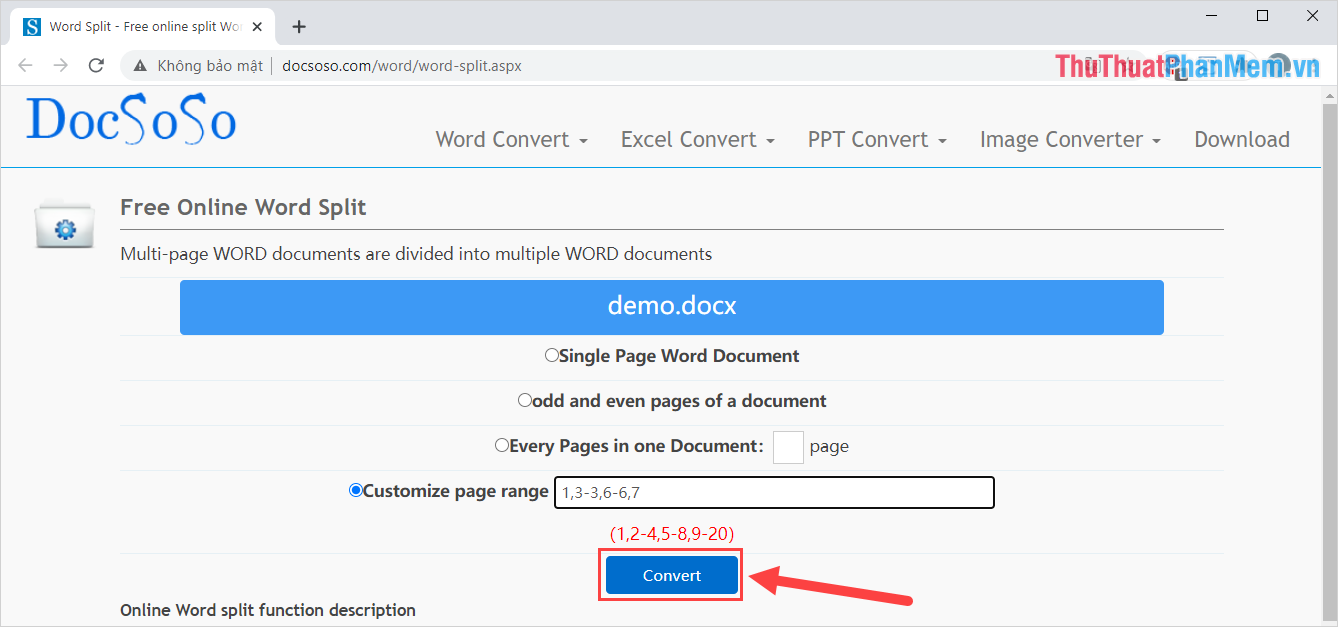 Nhấn Convert để bắt đầu cắt nhỏ file Word thành nhiều file