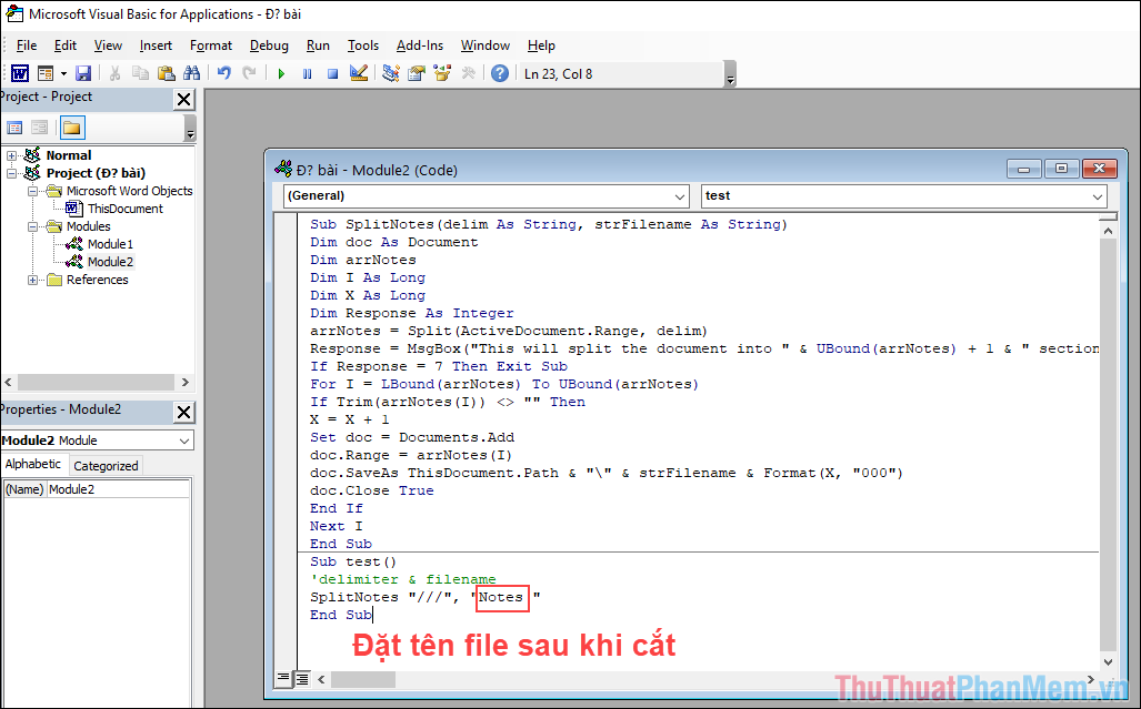 Xóa phần Notes và thay thế chúng bằng tên file