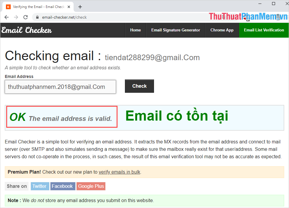 Thông báo OK – The Email address is valid thì có nghĩa là địa chỉ Email có tồn tại
