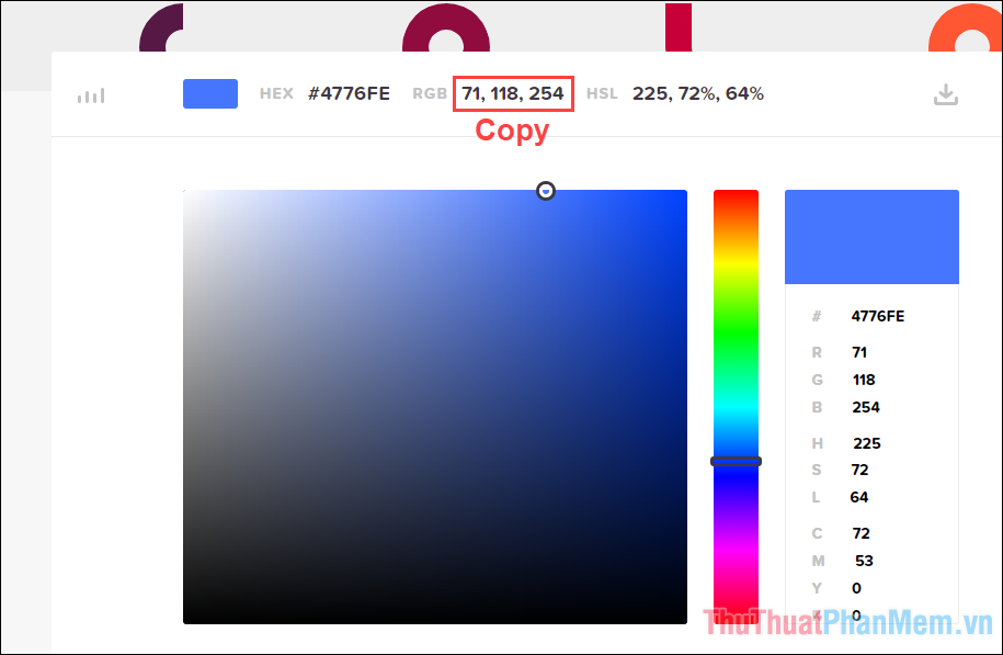 Khi chọn được mã màu, bạn chỉ cần Copy 03 hệ số của màu RGB
